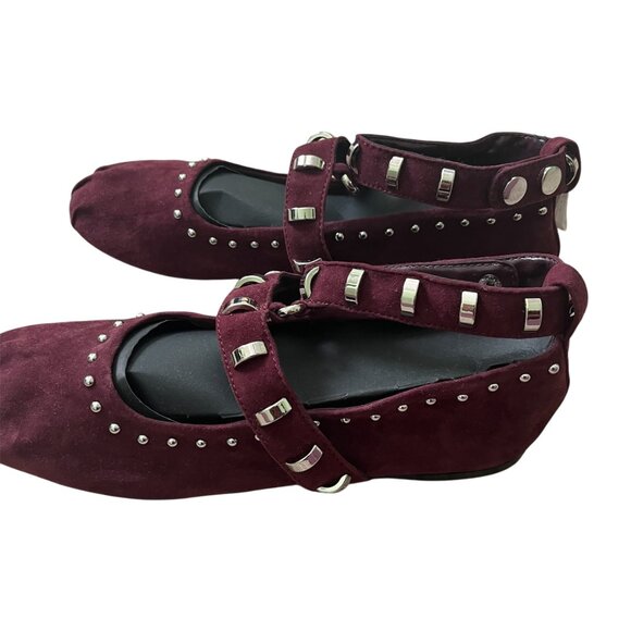 Zara Studded Suede Ballet Flats - Burgundy Red - Size 10 - Ankle Strap - Chic - Picture 4 of 9